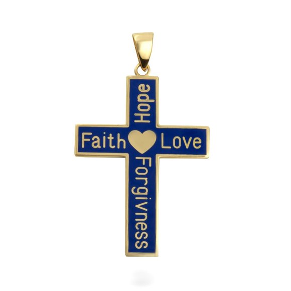 Solid 10k Gold Faith, Hope, Love, Forgiveness Heart Cross Pendant